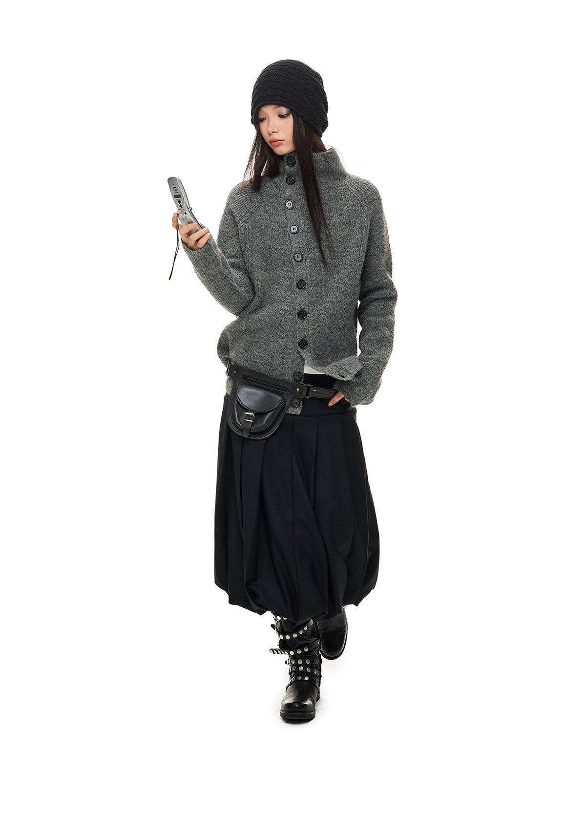 CROSSBODY KNIT STAND COLLAR CARDIGAN