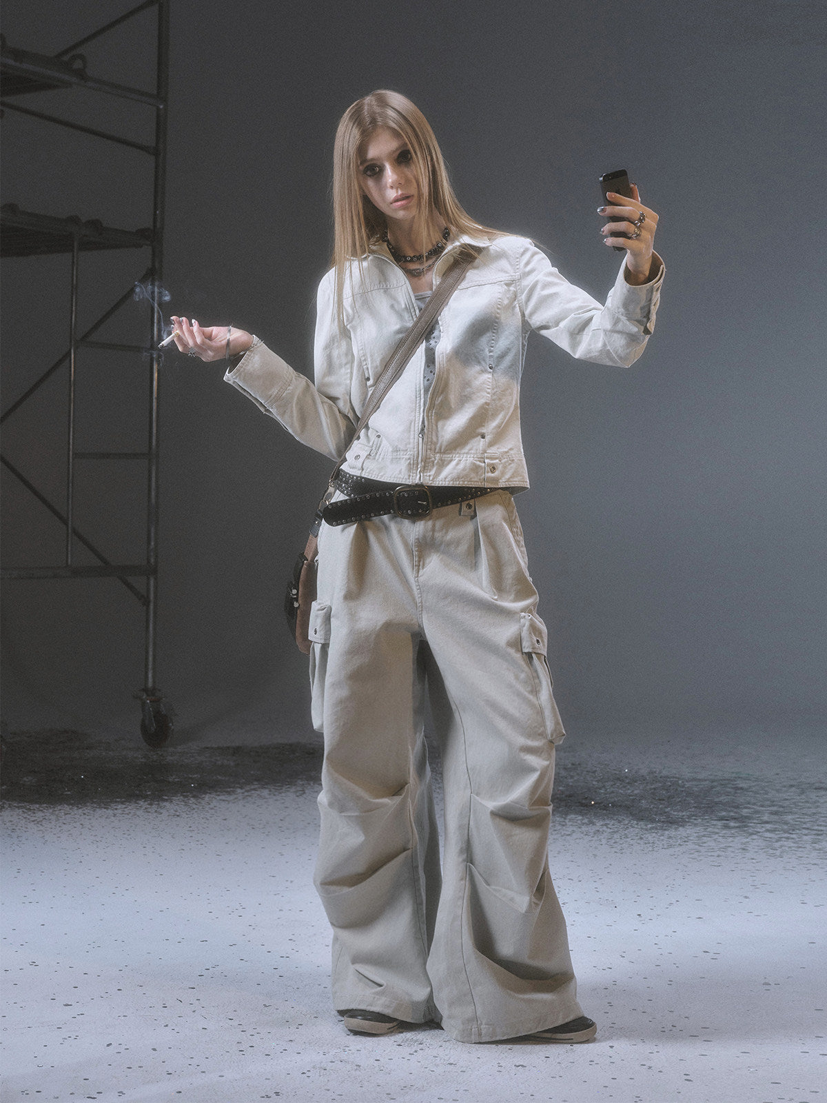 STUDDED TWO-TONE METAL CARGO PANTS