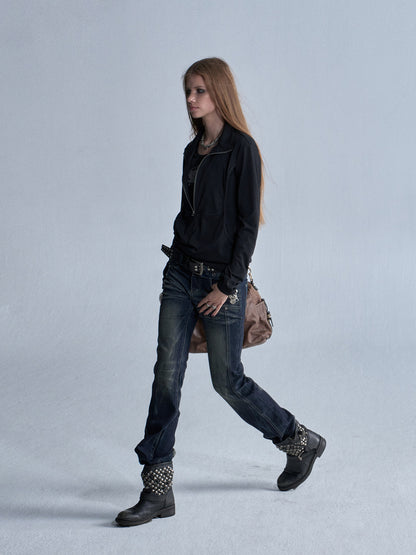 SHINY STAND COLLAR FAUX ZIP TOP