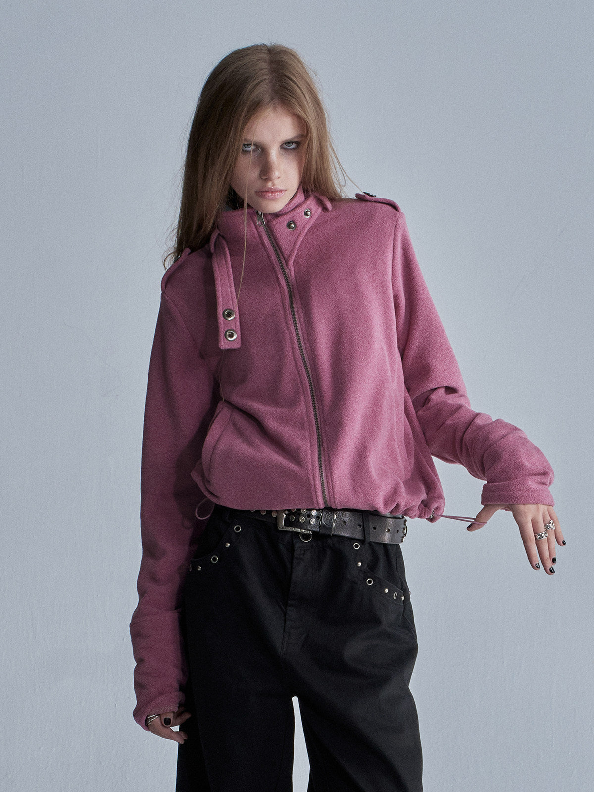 FLEECE DRAWSTRING HEM ZIP JACKET