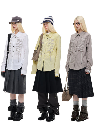DRAWSTRING CINCHED BOW COLLAR SHIRT