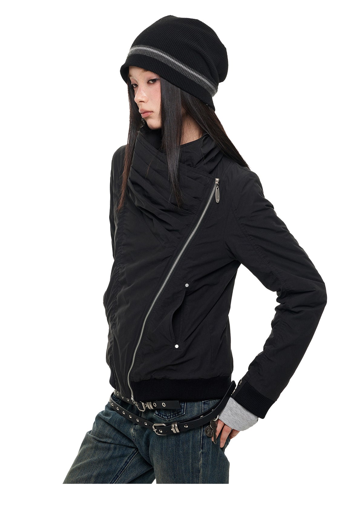 OFFSET ZIP STACKED COLLAR JACKET
