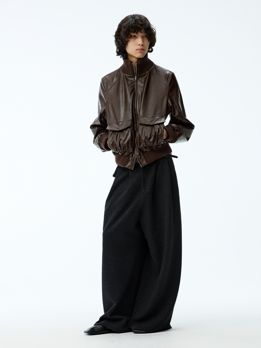 SMOCKED HEM OILED LEATHER JACKET