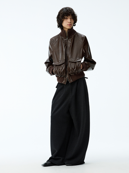 SMOCKED HEM OILED LEATHER JACKET