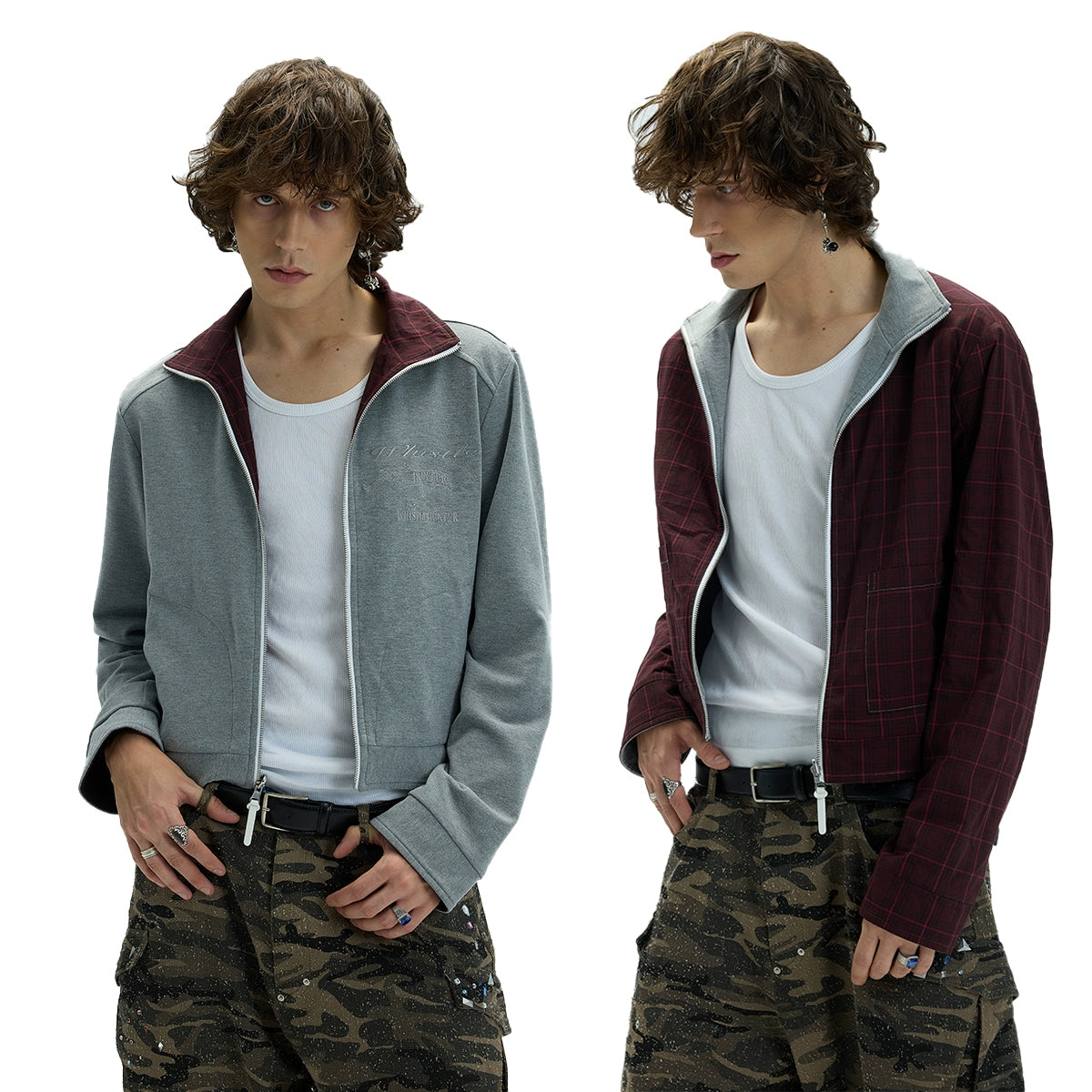 REVERSIBLE PLAID STAND COLLAR JACKET