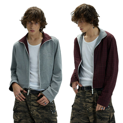 REVERSIBLE PLAID STAND COLLAR JACKET