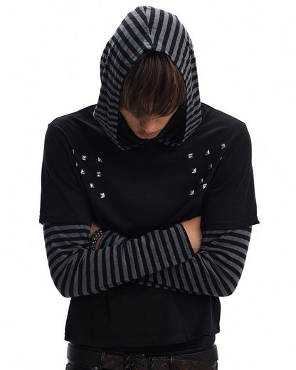 STUD STRIPED FAUX LAYER HOODIE