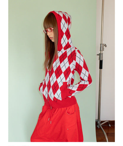 DIAMOND DOUBLE ZIP HOODED KNIT COAT