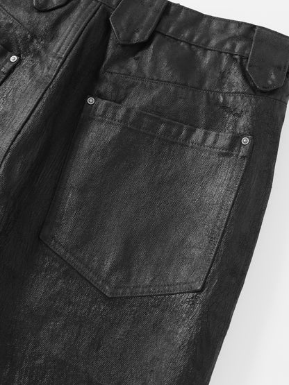 BLACK WAXED CRACKLE BOOTCUT JEANS