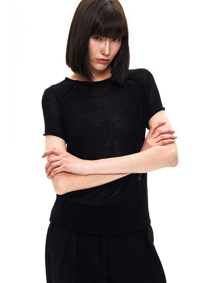 BLACK LINEN ROLLED EDGE TEE