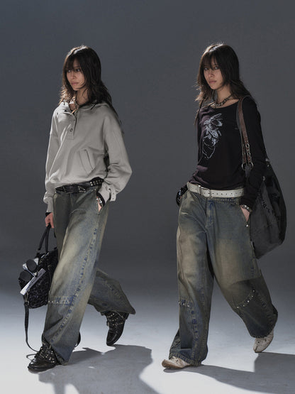 DIRTY WASH RIVET WIDE LEG DENIM