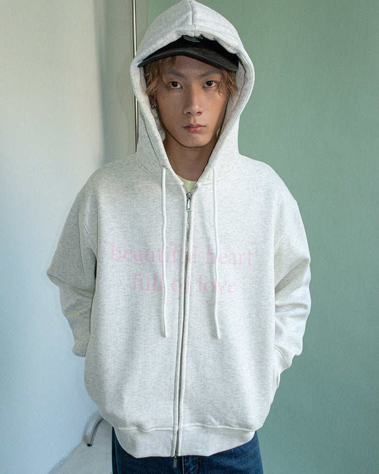 DOUBLE ZIP LOVE SLOGAN HOODED FLEECE JACKET