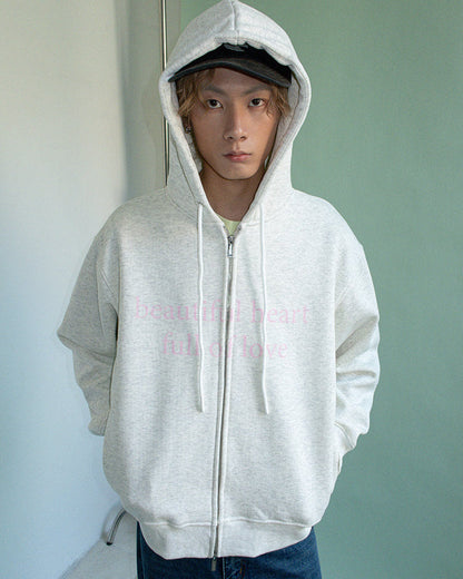 DOUBLE ZIP LOVE SLOGAN HOODED FLEECE JACKET