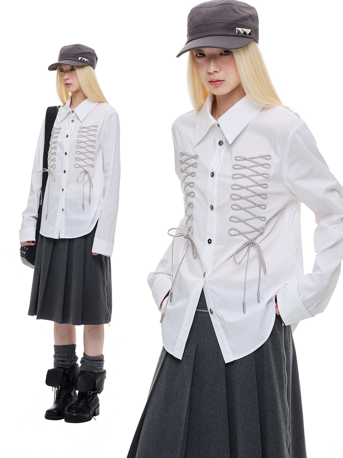 DRAWSTRING CINCHED BOW COLLAR SHIRT