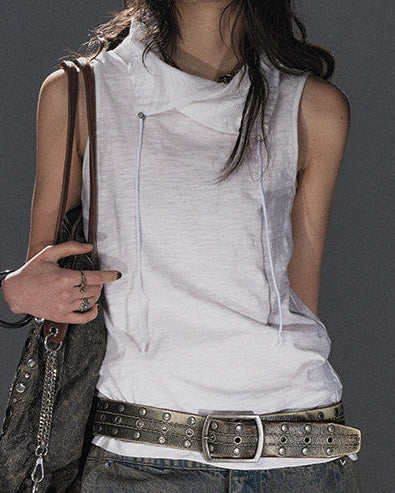 DRAWSTRING COLLAR SLEEVELESS TOP