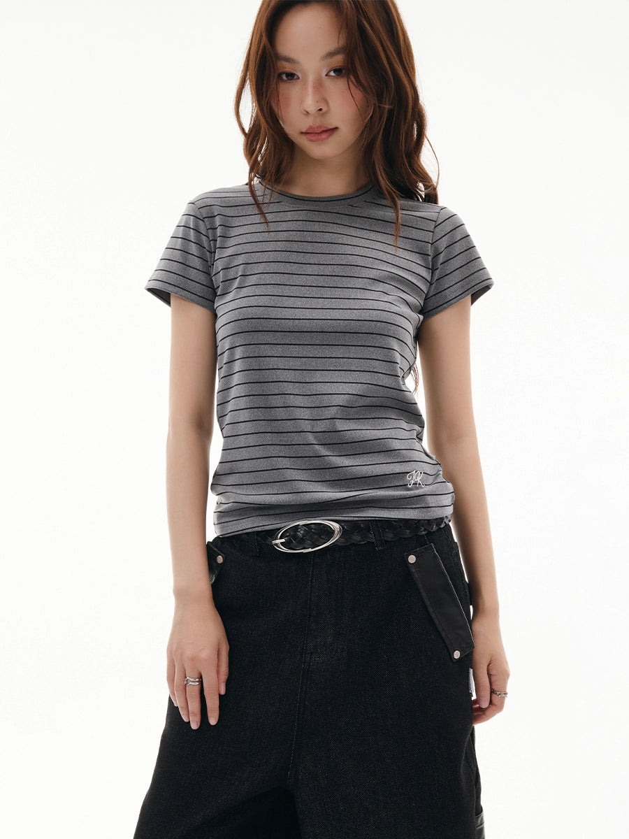 SLIM STRIPE EMBROIDERED TEE