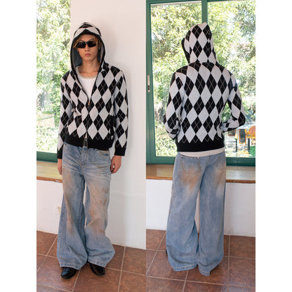 DIAMOND DOUBLE ZIP HOODED KNIT COAT