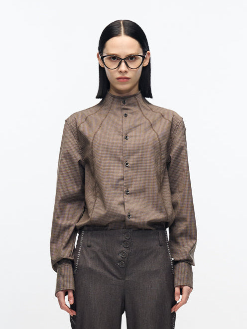 PATCHWORK SPLIT HEM HIGH-NECK SHIRT