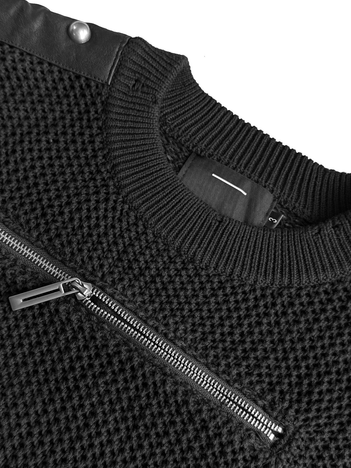 RIVETED ZIP LEATHER KNIT PULLOVER