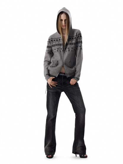 SKULL FAIR ISLE STUDDED KNIT JACKET