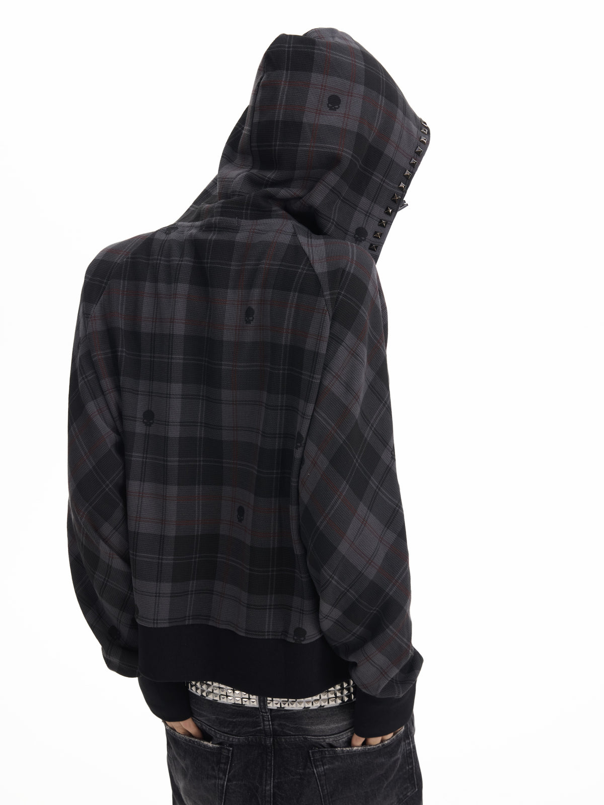 PLAID RIVET HOODED SWEATSHIRT