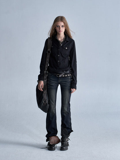 WASHED BUCKLE SLEEVE KNIT SHIRT