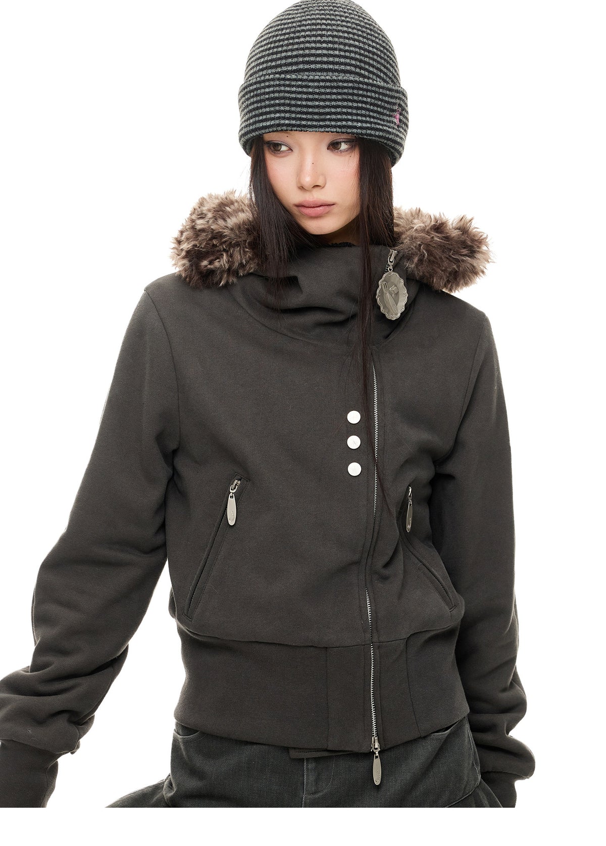 HEAVY FLEECE FUR COLLAR HOODIE
