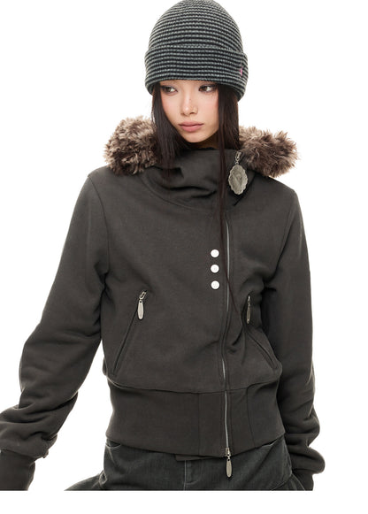 HEAVY FLEECE FUR COLLAR HOODIE