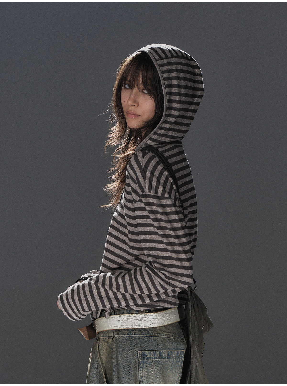 STRIPED HOODED TIE HEM TOP