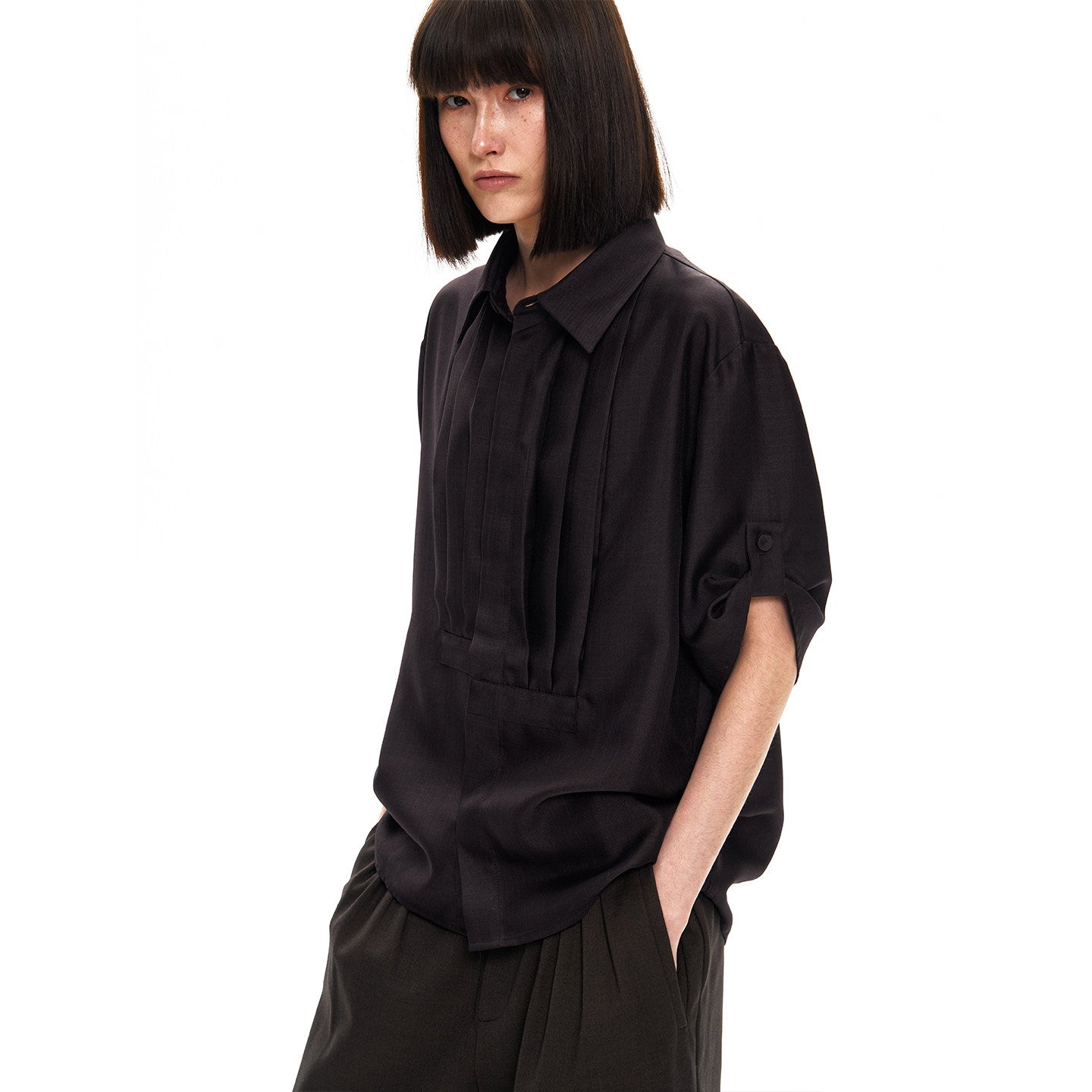 MIST PLUM DRAPED PLEATED SHIRT