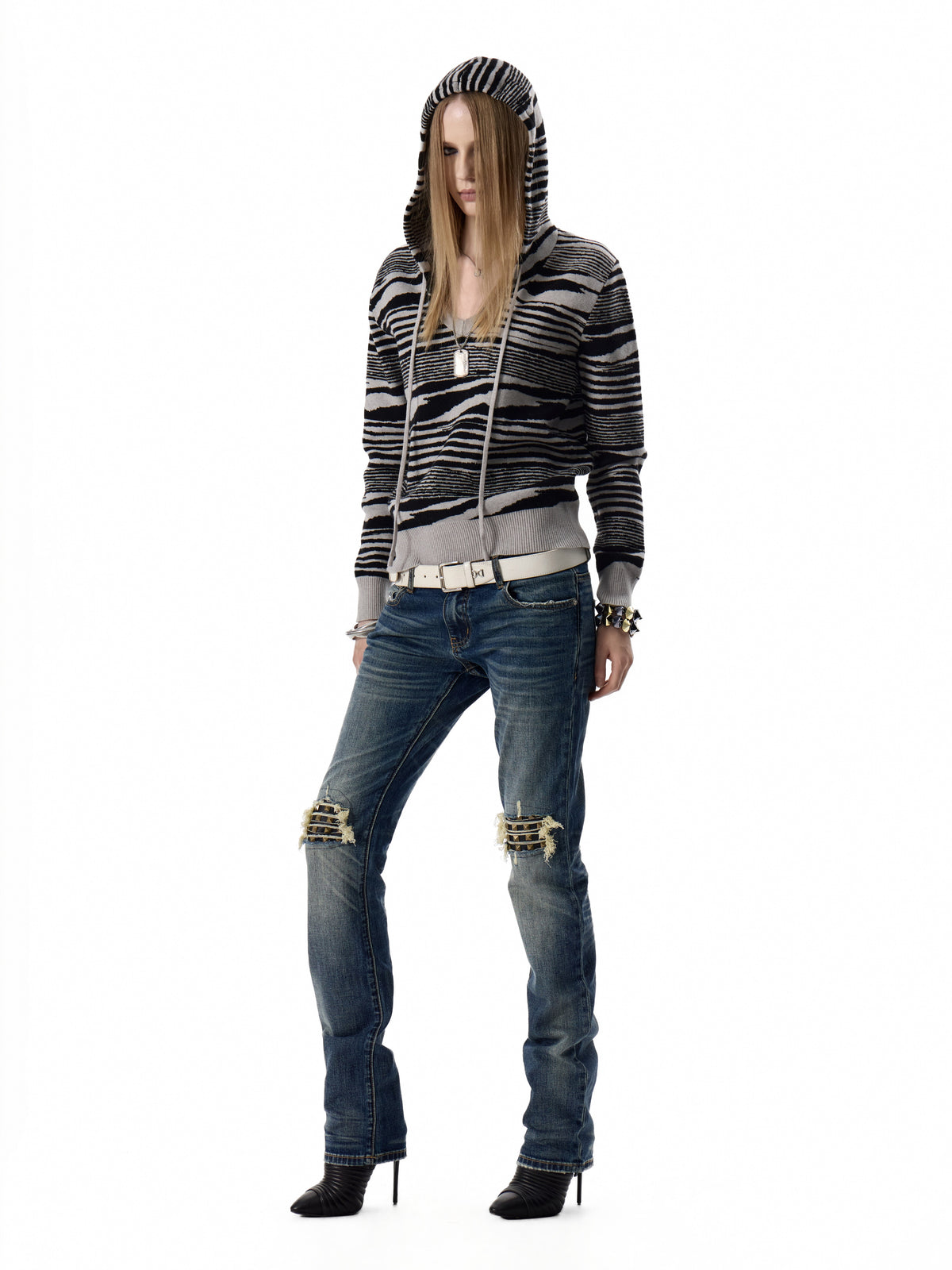 ZEBRA STRIPED V NECK KNIT HOODIE