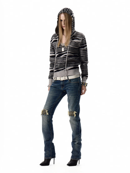 ZEBRA STRIPED V NECK KNIT HOODIE