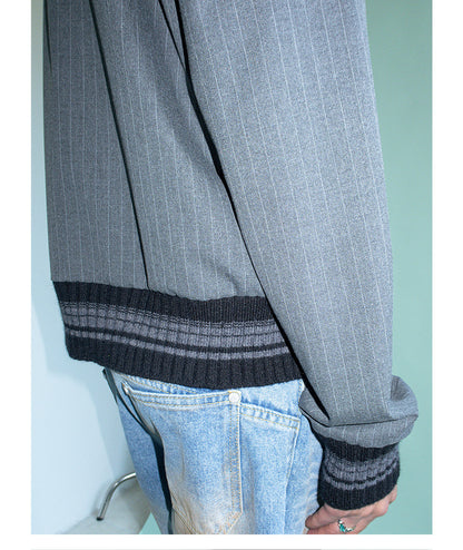 TEXTURED PINSTRIPE DOUBLE ZIP LAPEL CARDIGAN