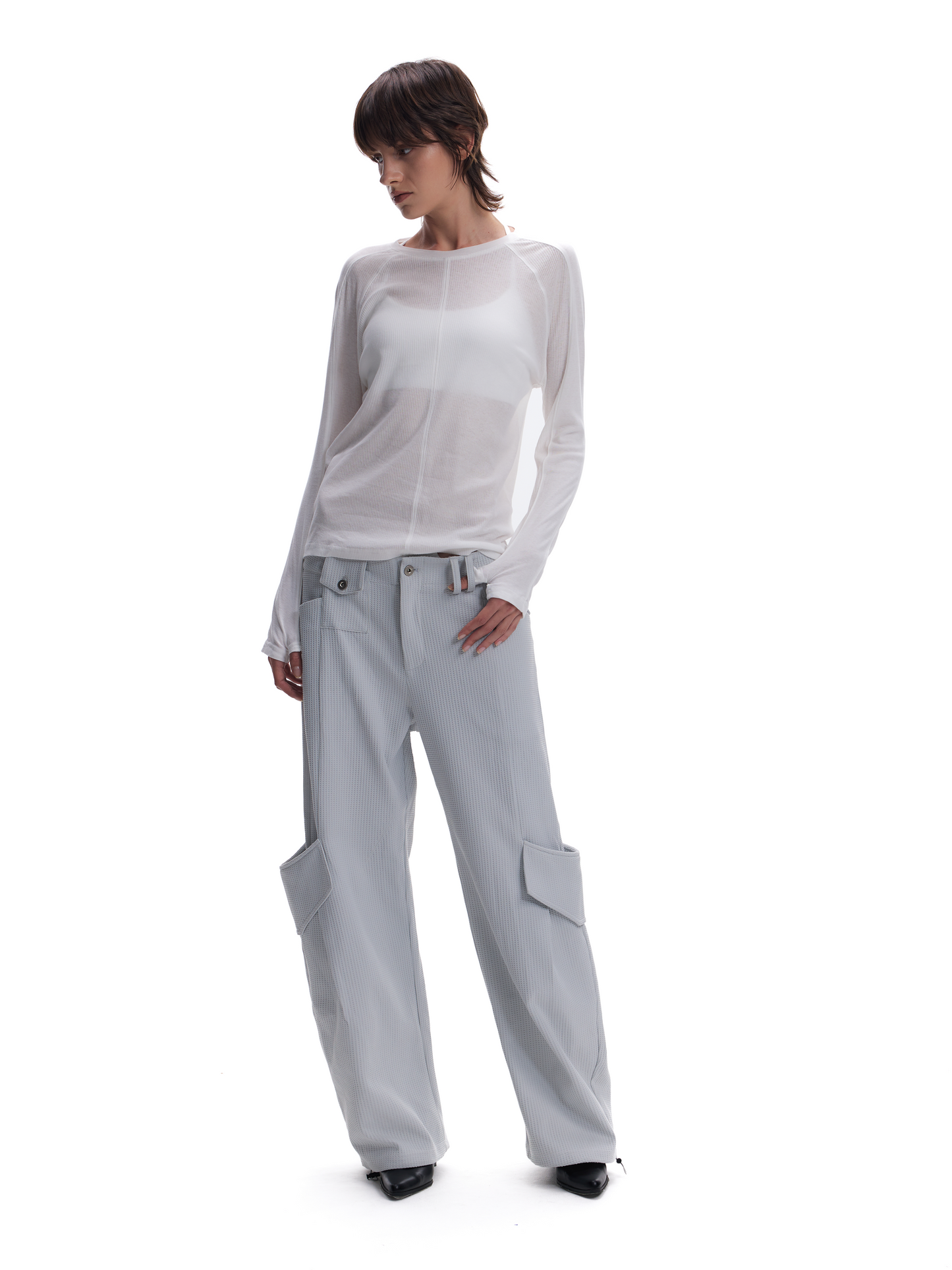 WAFFLE PLEATED WIDE LEG PANTS