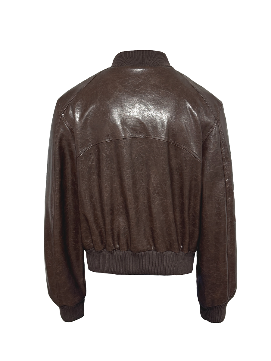 SMOCKED HEM OILED LEATHER JACKET