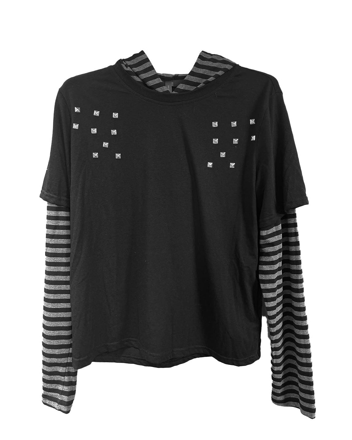 STUD STRIPED FAUX LAYER HOODIE