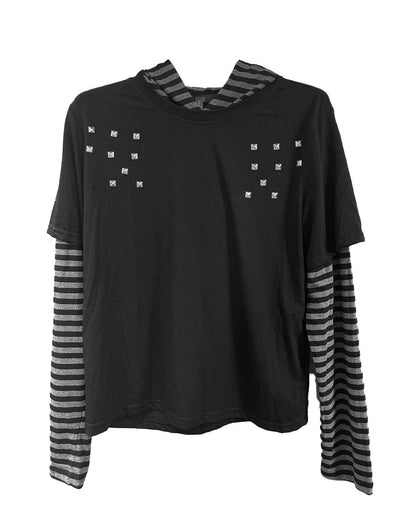 STUD STRIPED FAUX LAYER HOODIE