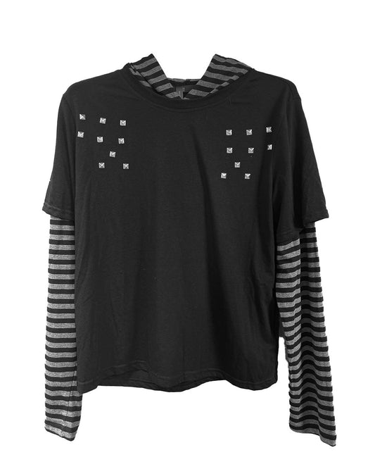 STUD STRIPED FAUX LAYER HOODIE