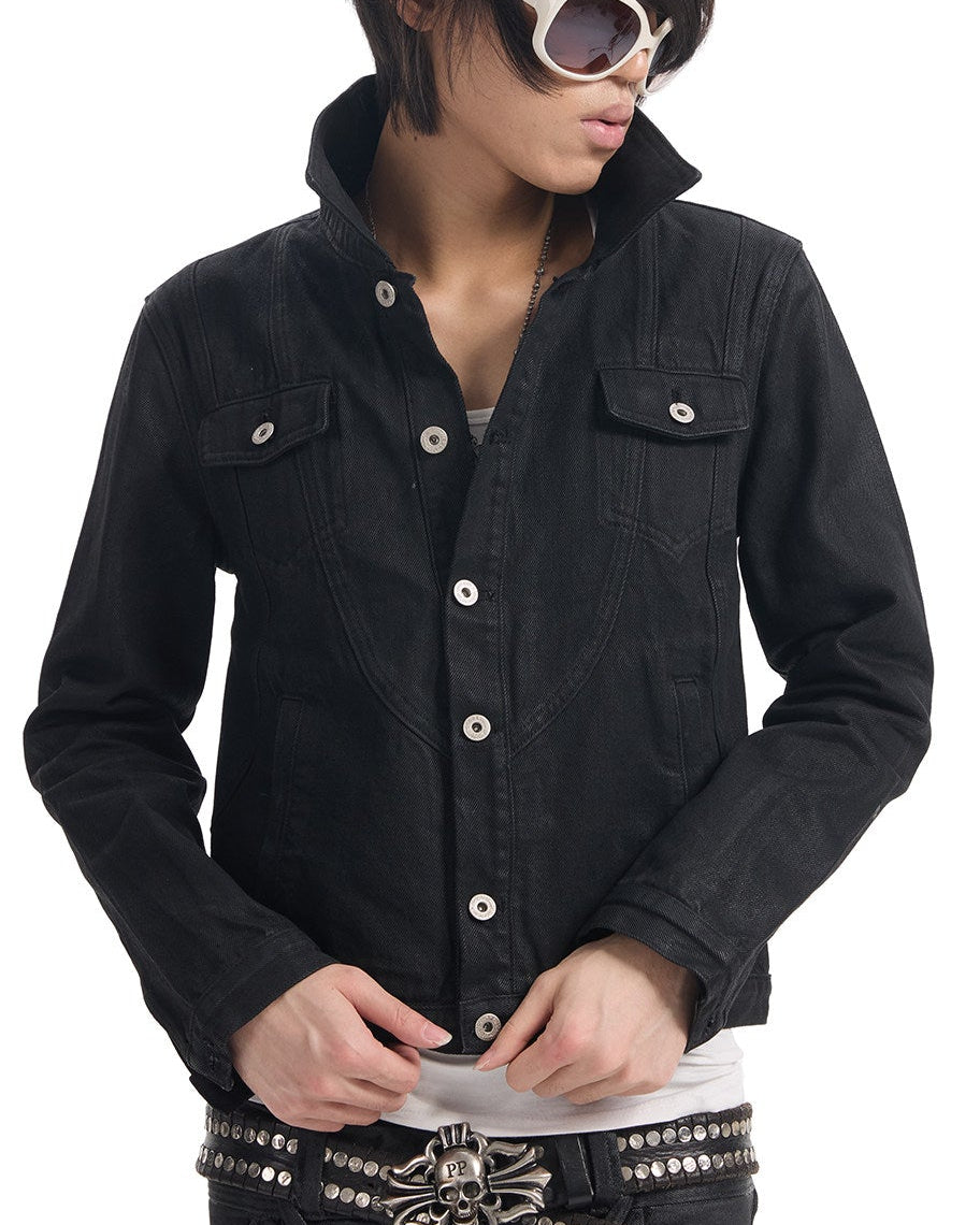 BLACK WAXED CROPPED DENIM JACKET