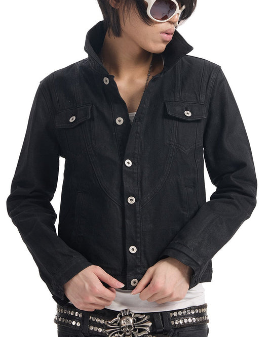 BLACK WAXED CROPPED DENIM JACKET