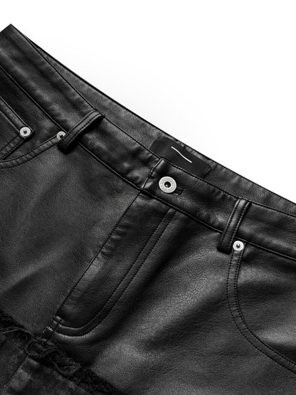 DOUBLE WAIST PU PATCHWORK JEANS