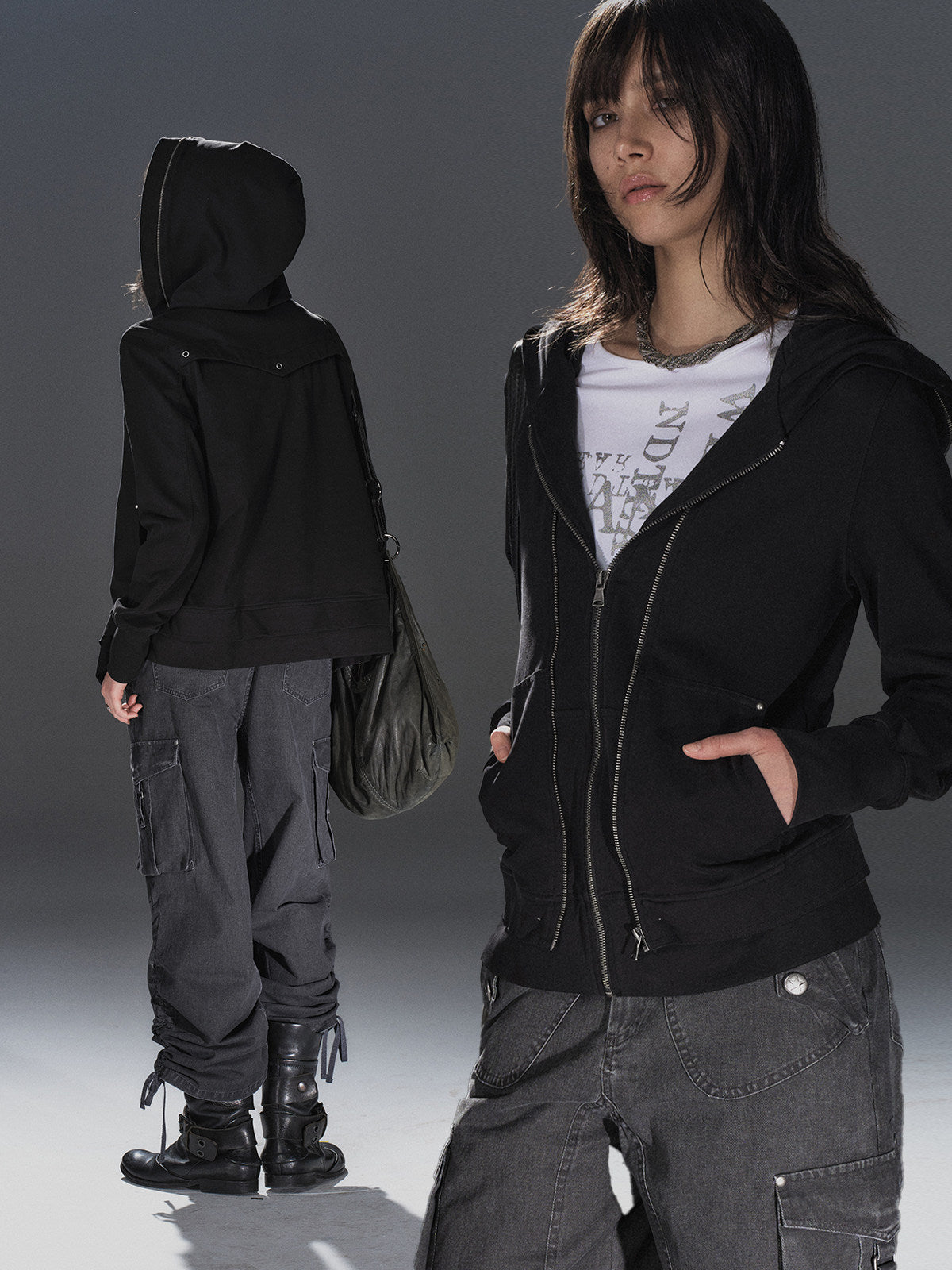 RIVETED DOUBLE-ZIP HOODED SWEATSHIRT