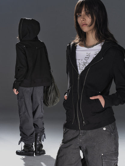 RIVETED DOUBLE-ZIP HOODED SWEATSHIRT