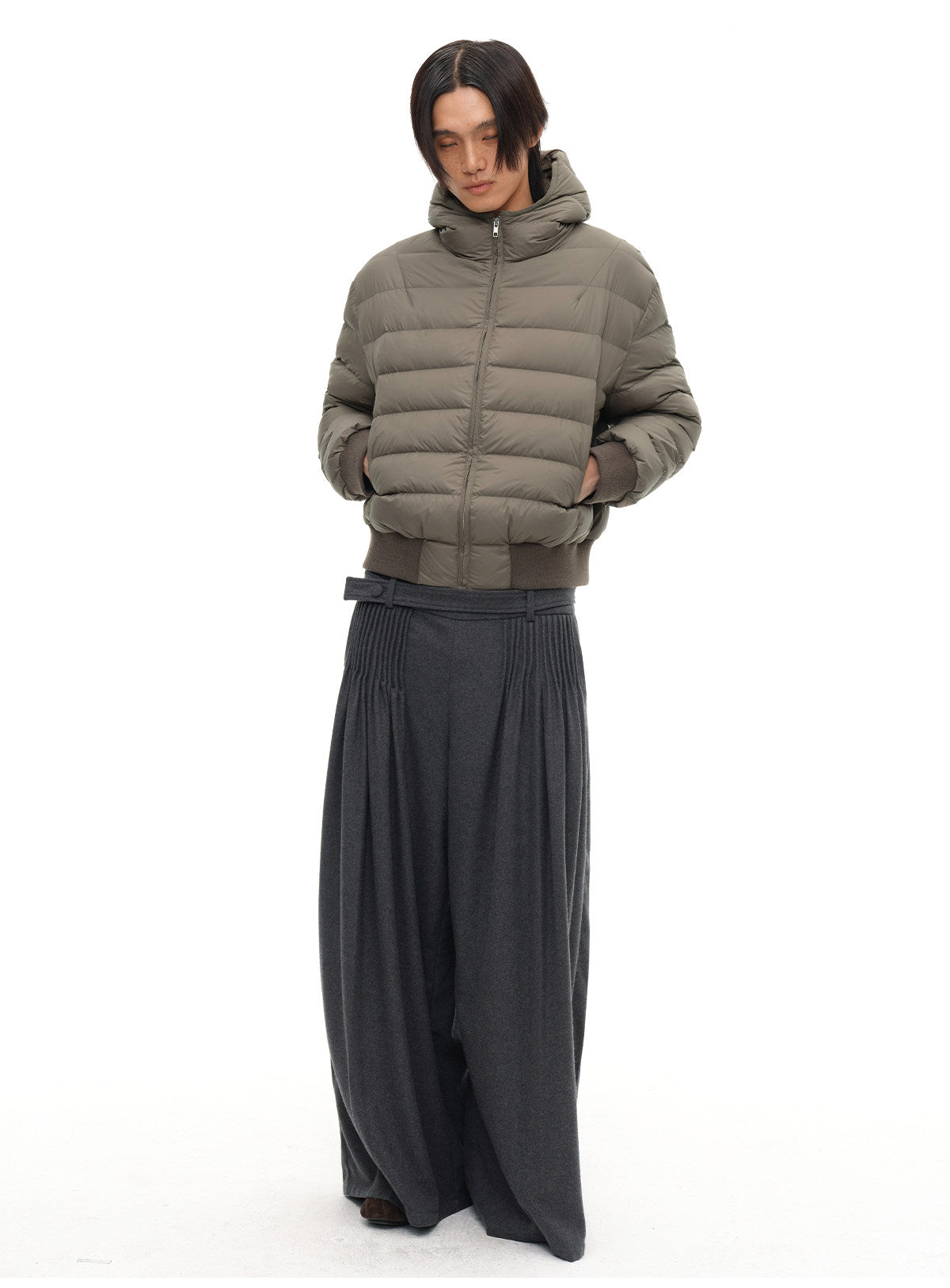 DOUBLE BELT WOOL TOOTHPICK TROUSERS