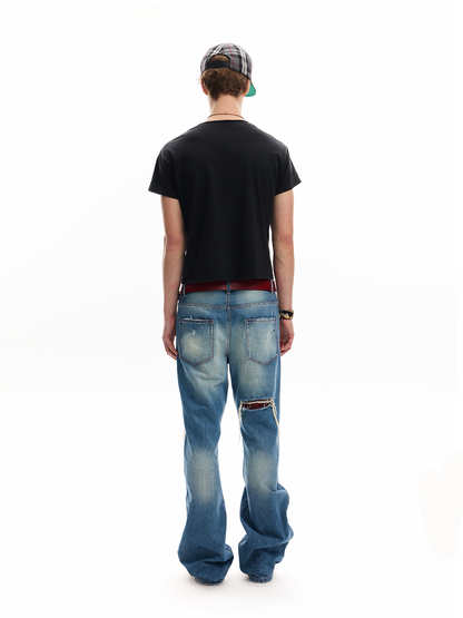 RED LINE PATCHWORK DENIM JEANS